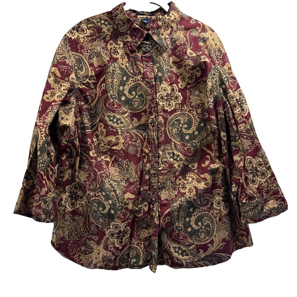 Chaps Women's Top Blouse Size 2X Plus Red Gold Paisley 3/4‎ Sleeves 100% Cotton